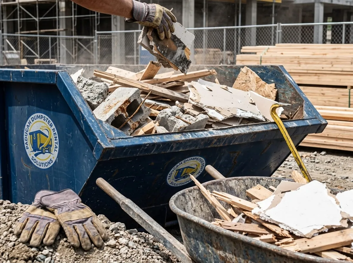 Roll-off container loaded with mixed construction and demolition debris in Paducah, Kentucky