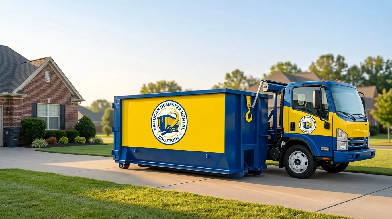 Roll-off dumpster set on protection boards on a driveway in Paducah, Kentucky