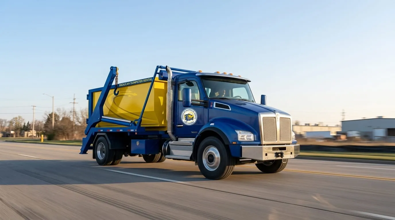 Paducah Dumpster Rental Solutions driver delivering a roll-off container Paducah Dumpster Rental Solutions driver delivering a roll-off container
