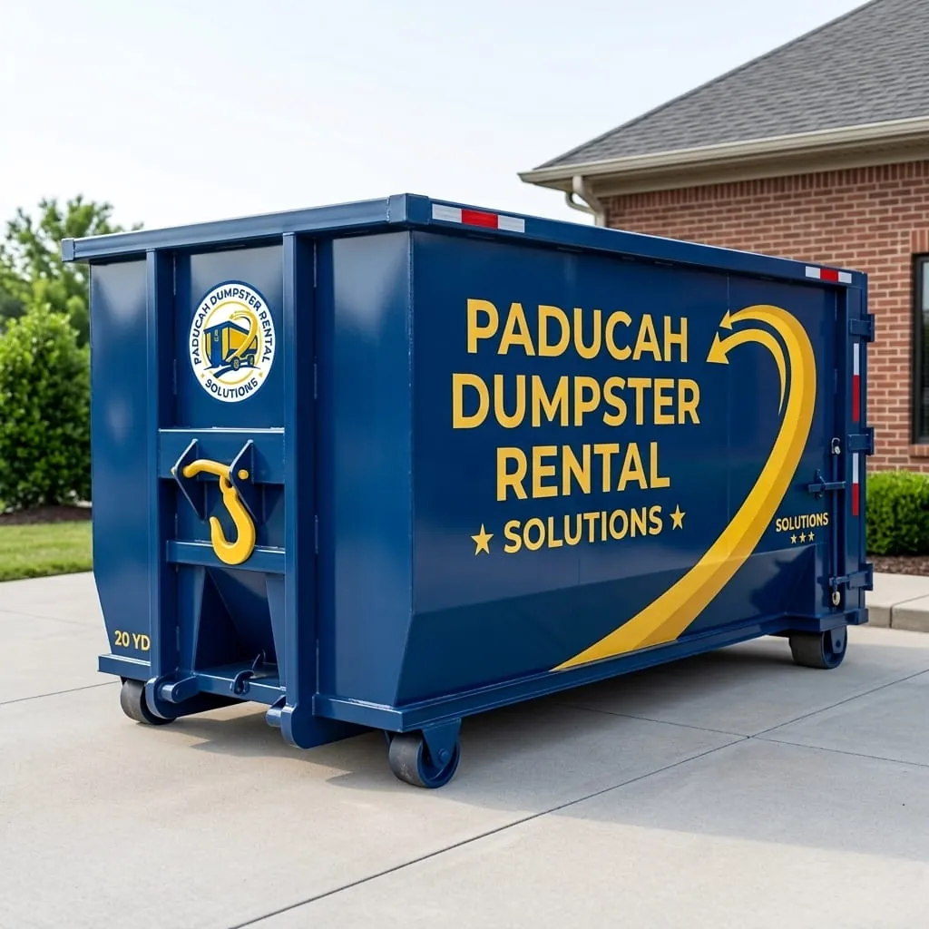 Paducah Dumpster Rental Solutions roll-off truck delivering a dumpster on a street in Paducah, KY Paducah Dumpster Rental Solutions roll-off truck delivering a dumpster on a street in Paducah, KY