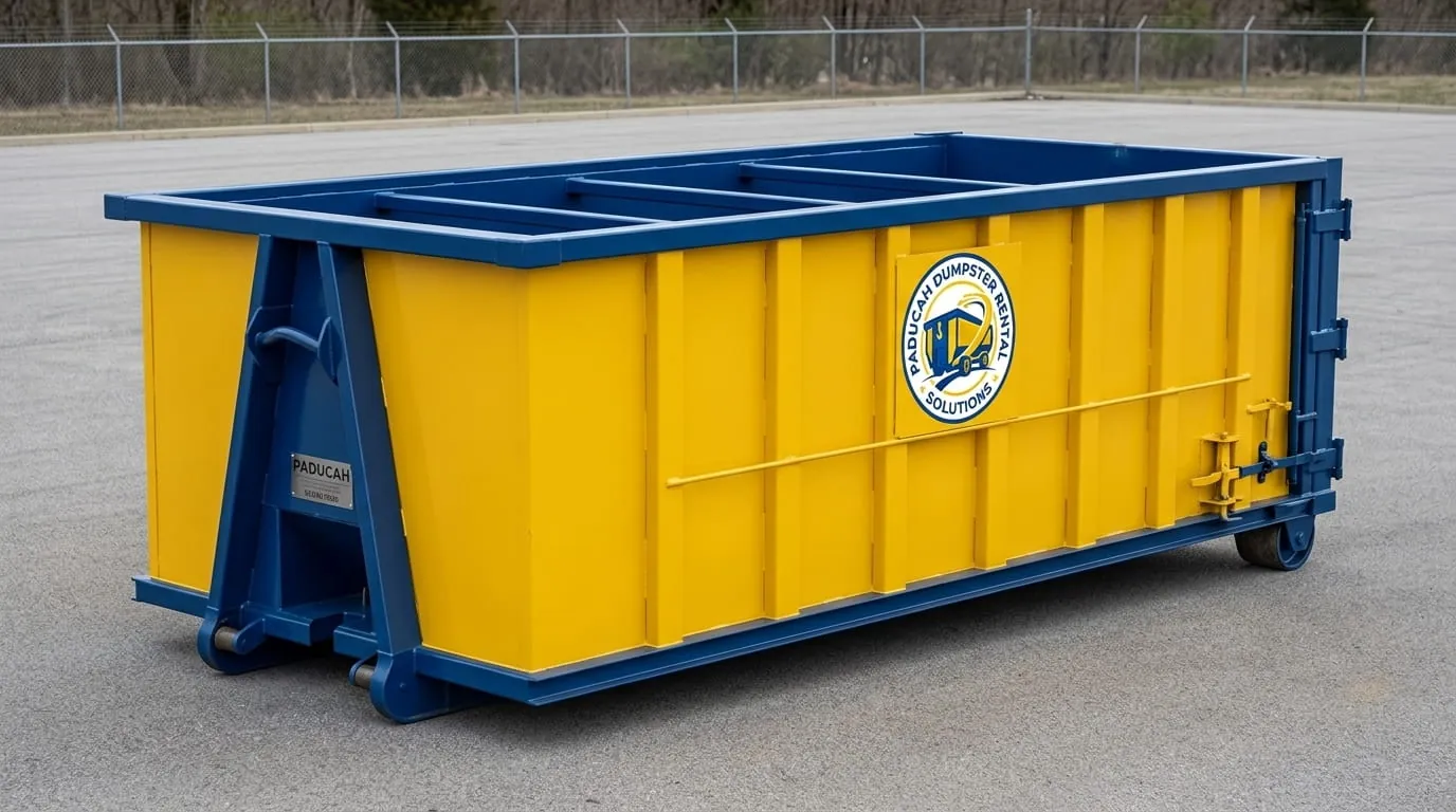 Roll-off dumpster positioned for a roof tear-off in Paducah, Kentucky Roll-off dumpster positioned for a roof tear-off in Paducah, Kentucky